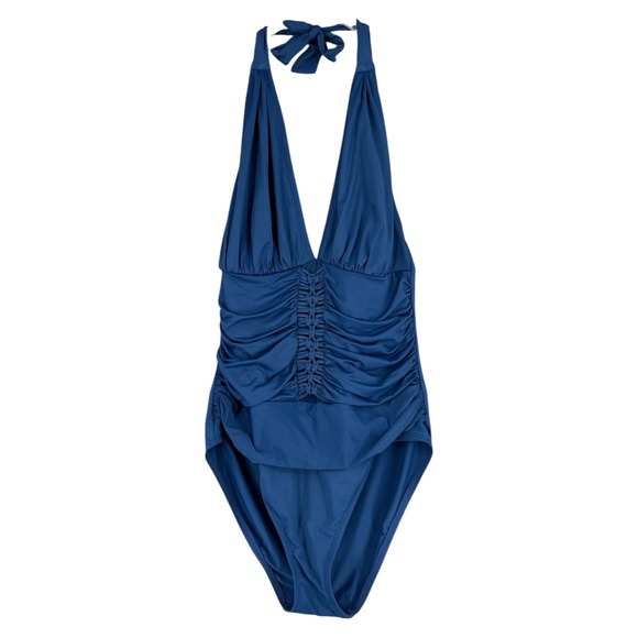 Bleu ROD BEATTIE Blue Halter Neck V-Neck Ruched Side One Piece Swimsuit Size 8 - Picture 1 of 5